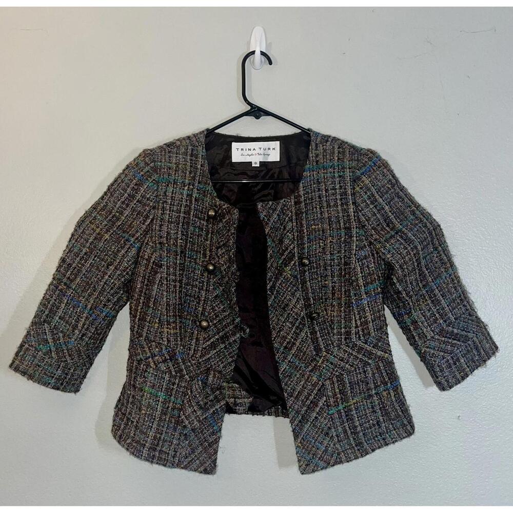 Trina Turk Women’s Size 8 Wool Blend Tweed Blazer Bow Detail Made in USA 🇺🇸